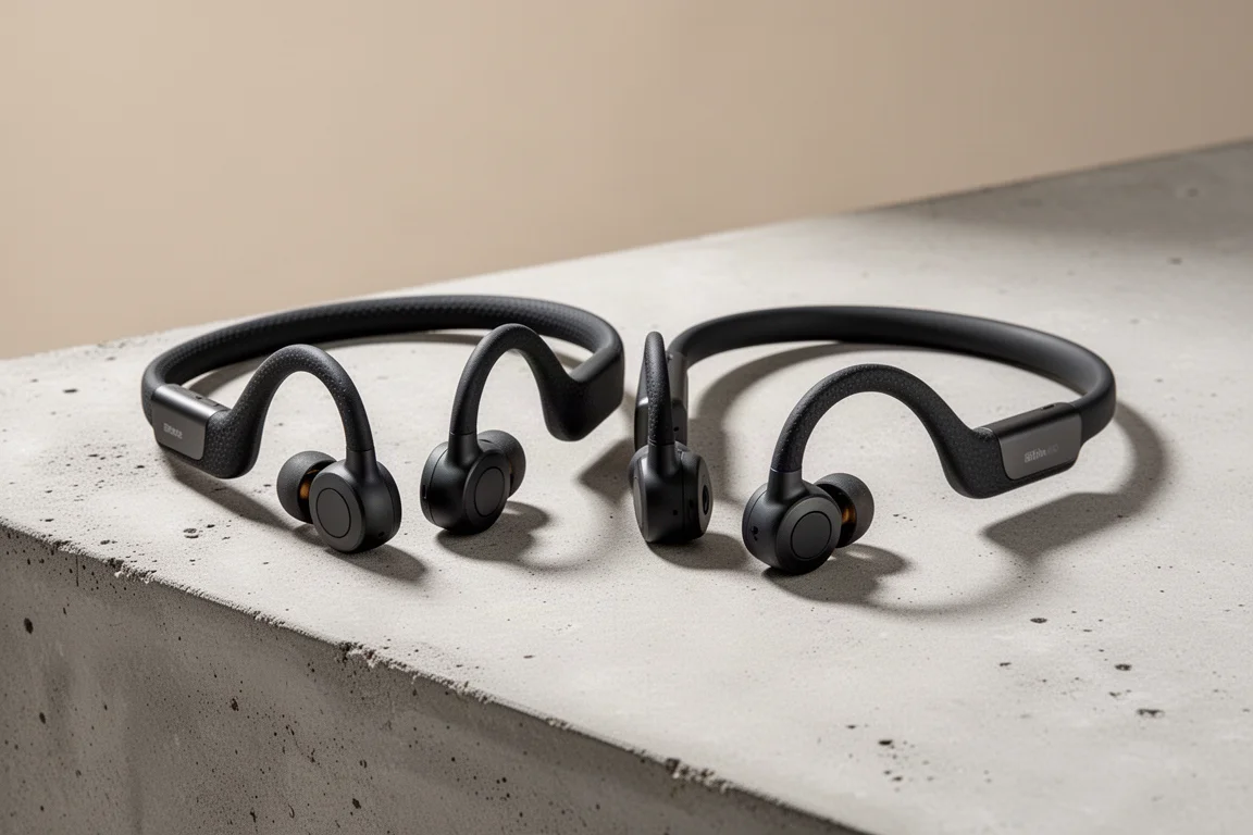 Two pairs of bone conduction sports headphones side by side on a concrete surface