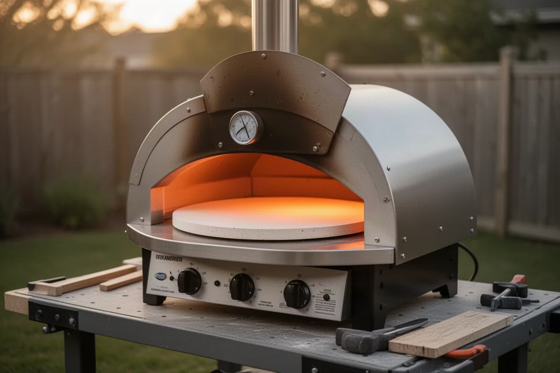Zewnętrzny piec do pizzy otwarty na stole patio ze świecącym kamieniem w środku