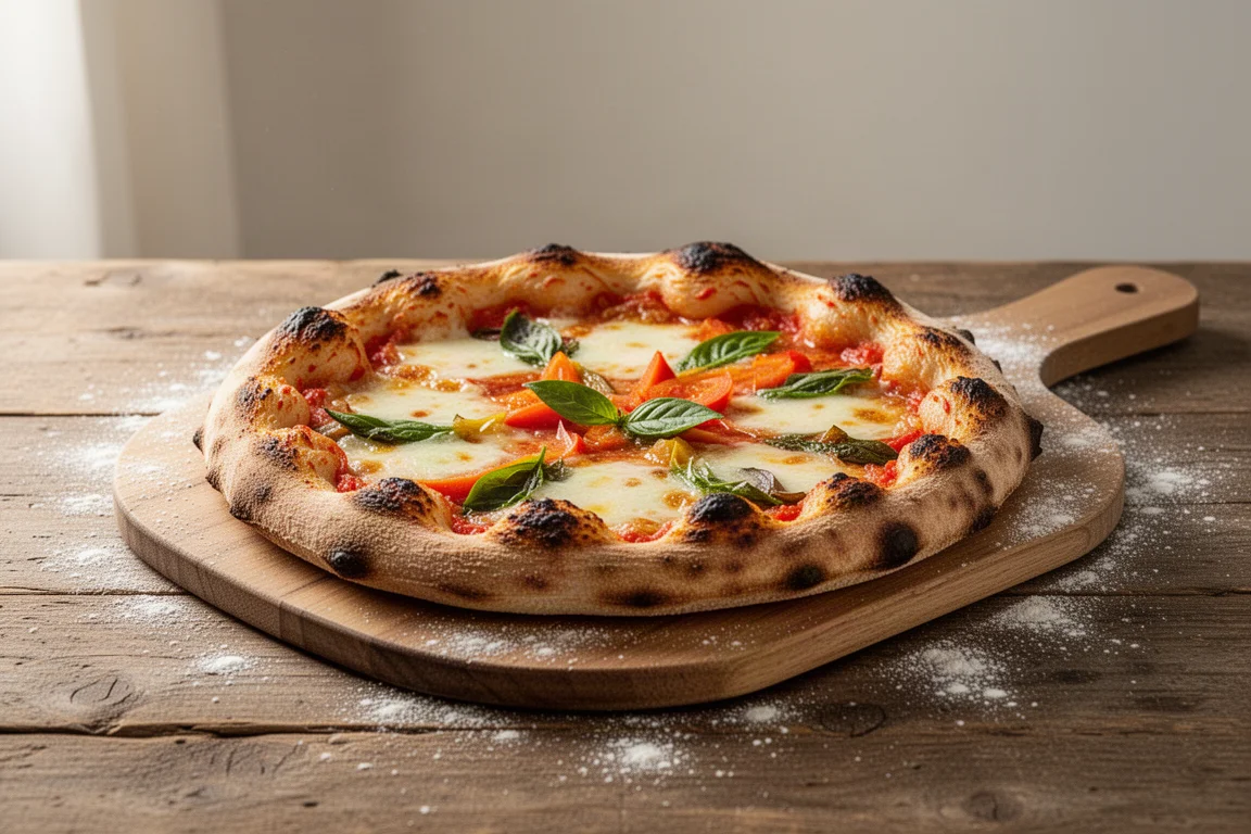 Domowa pizza z chrupiącym złotym spodem na drewnianej łopacie