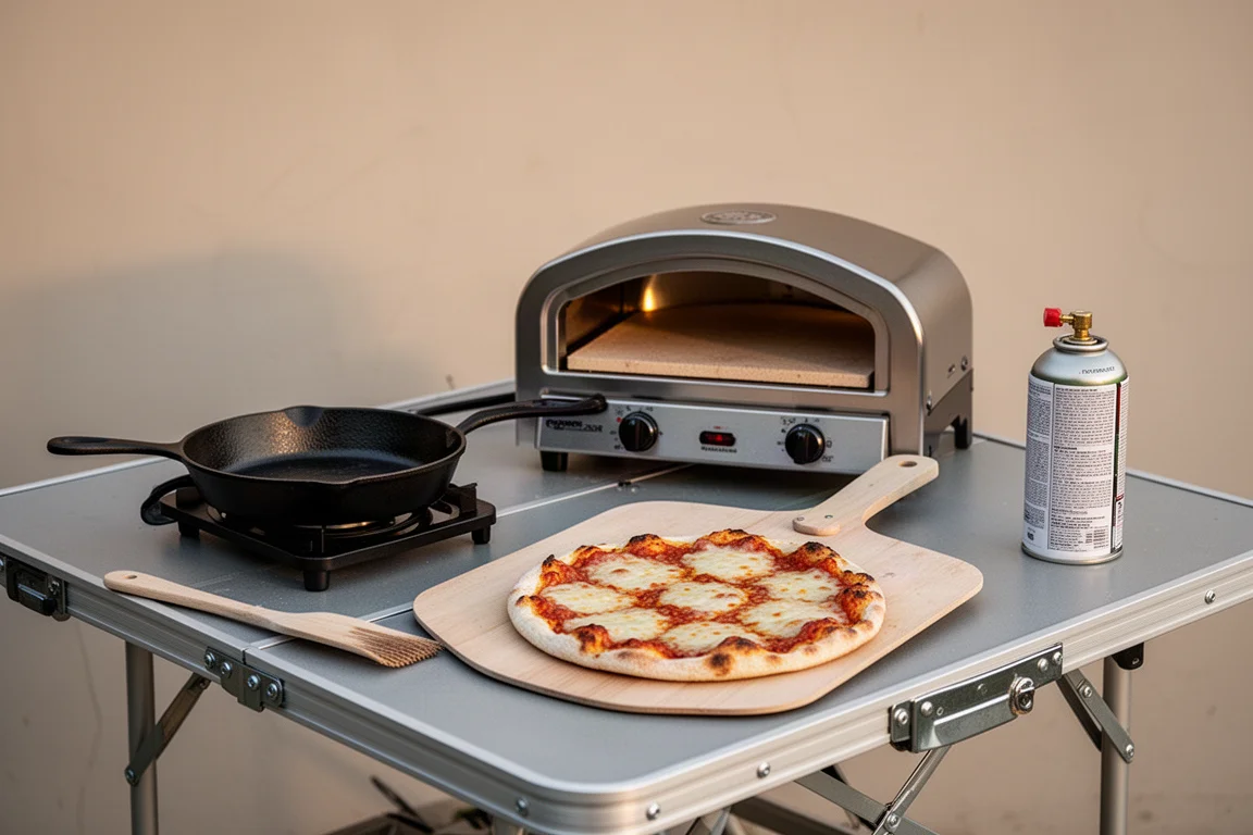 Backyard tailgating setup with an outdoor oven and cooking tools laid out