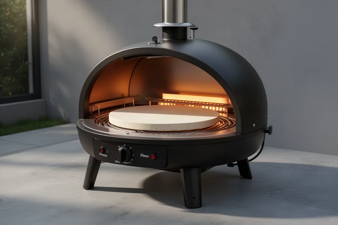 Outdoor gas pizza oven with open lid and glowing rotating stone on a patio