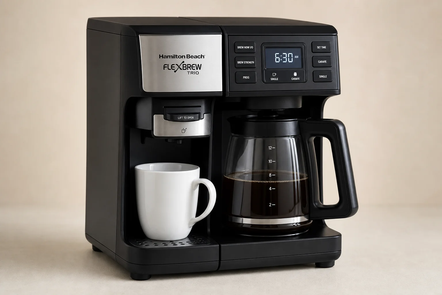 Five dual-brew coffee makers arranged on neutral backdrop showing variety of designs