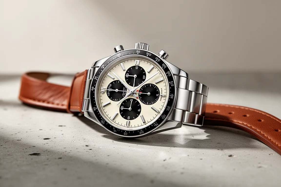 Hamilton Intra-Matic panda dial chronograph on a concrete surface with leather strap