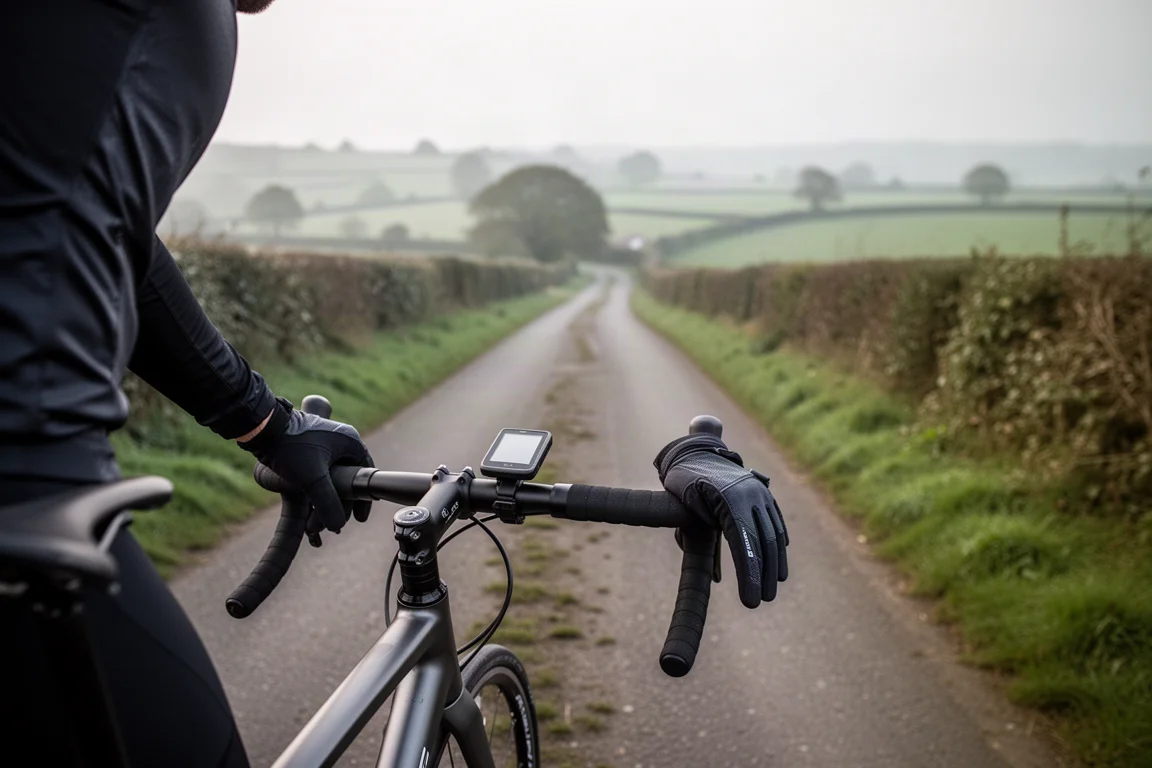 Cyclist checking a handlebar mounted bike computer on a quiet country lane
