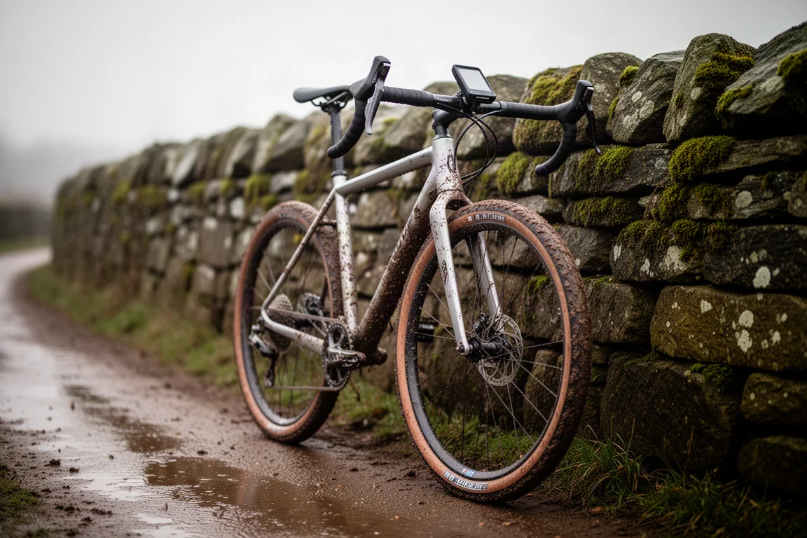 Mud spattered gravel bike on a wet track with handlebar computer in view