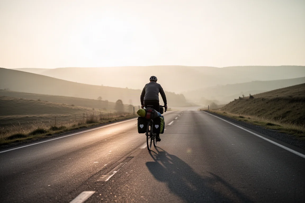 Long distance cyclist riding an open road at sunrise with mountains ahead