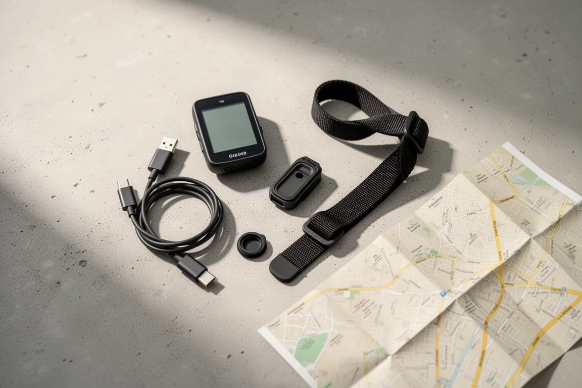 Overhead flat lay of bike computer accessories and route planning notes on concrete
