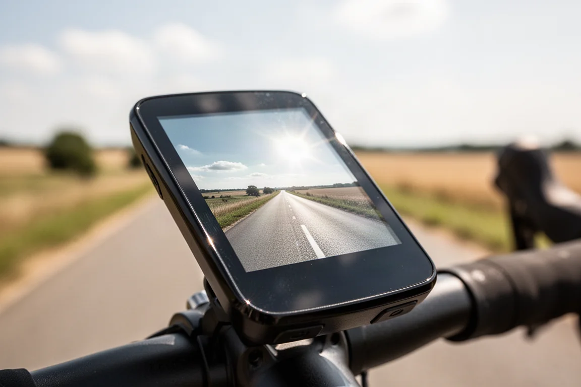 GPS-cykdatorskärm som lyser i direkt solljus mot en ljus vägbakgrund