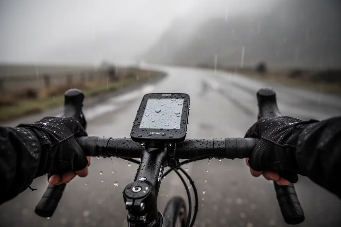Cyklist som kör i kraftigt regn, vattendroppar strömmar över skärmen