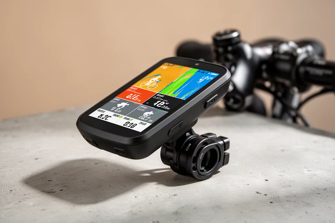 Computer da bici GPS Hammerhead Karoo 3 montato sull'attacco del manubrio su cemento
