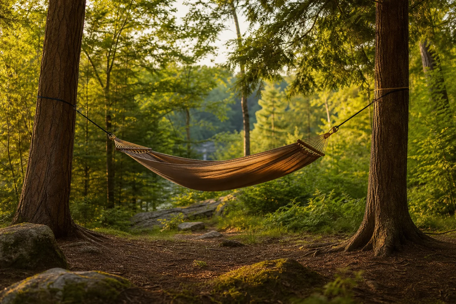 Hammock suspended between two trees in a forest clearing at dusk