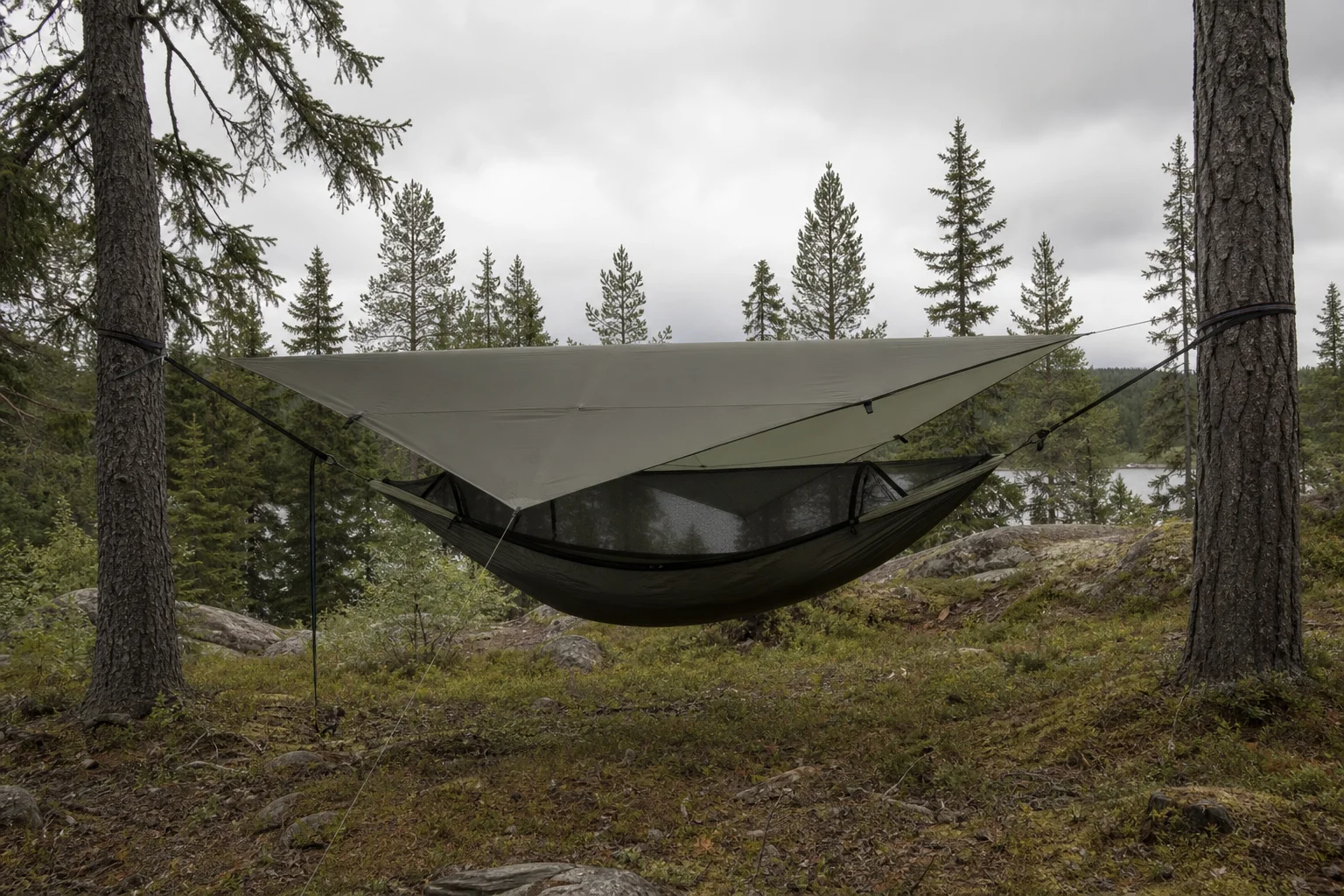 Hammock with rain fly installed in overcast forest conditions