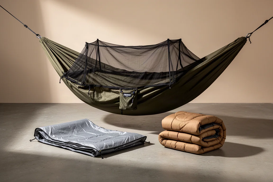 Hammock camping kit with netted hammock, Dyneema tarp, and quilts on concrete