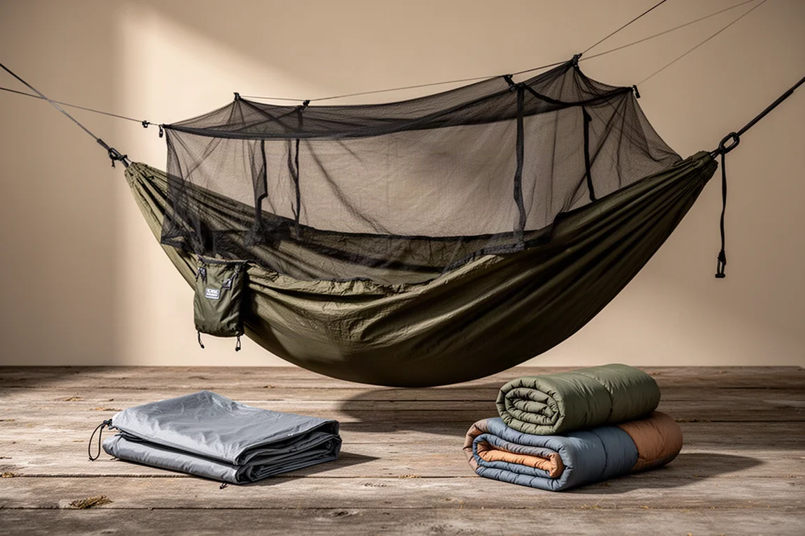 Complete hammock camping system with tarp and quilts arranged on wooden decking