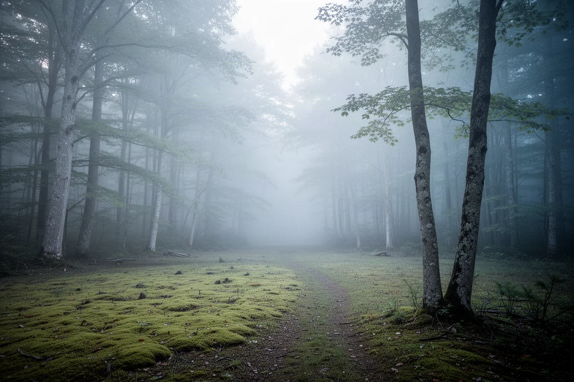 Empty forest campsite clearing at dawn with mist drifting between tree trunks