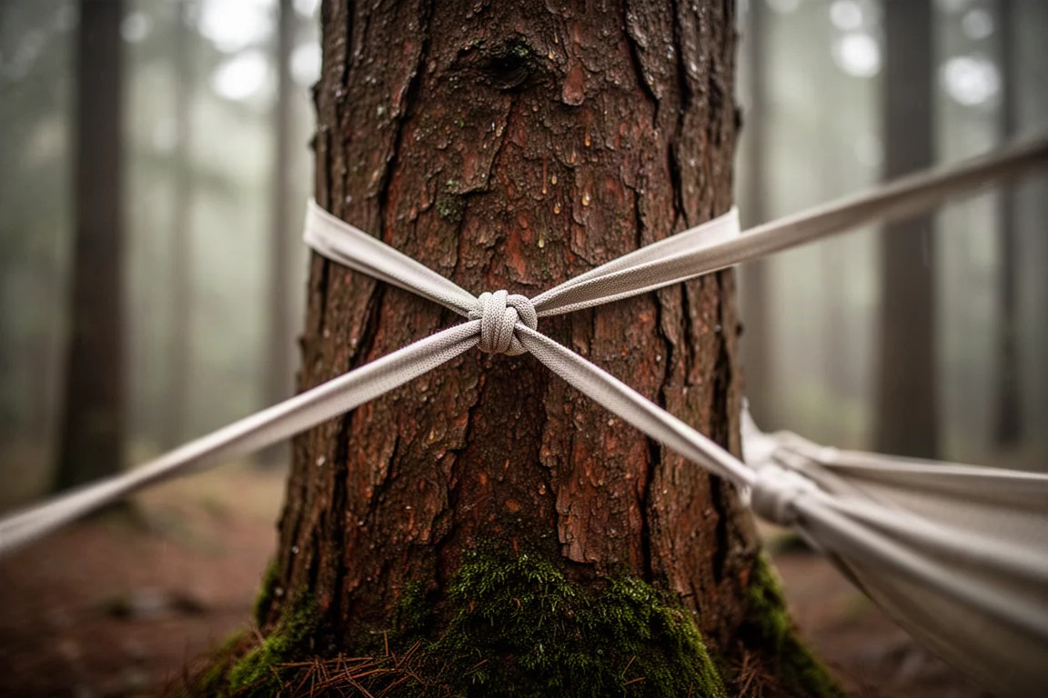 Hammock suspension strap knotted around a mossy tree trunk in soft forest light