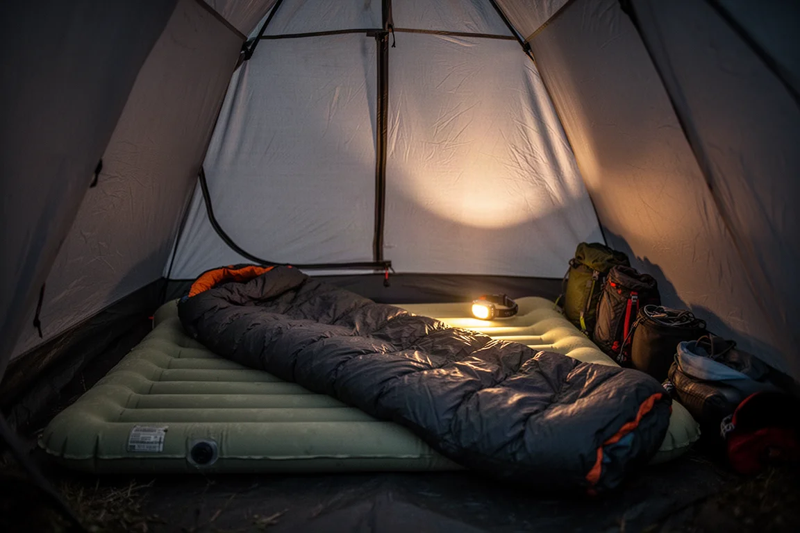 Tent interior at night with sleeping pad, sleeping bag and warm headlamp glow