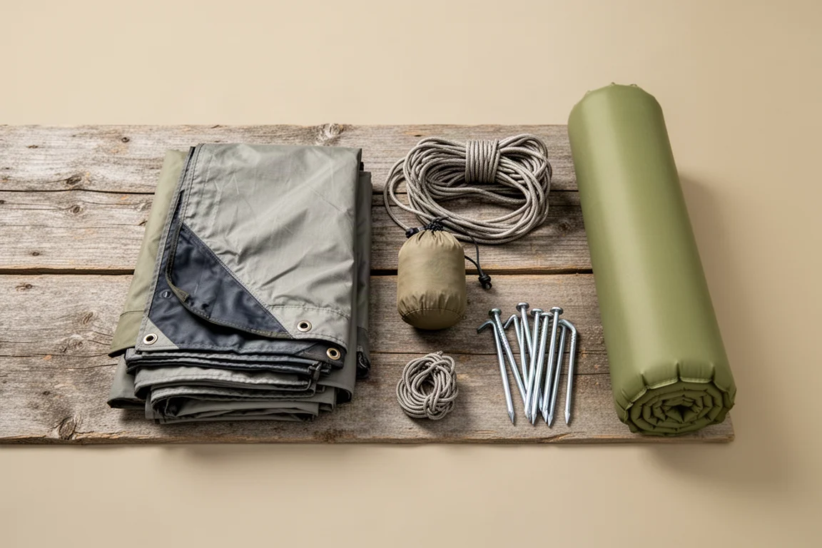 Flat-lay of rain fly, suspension cord, stuff sack, sleeping pad and tent stakes on wood