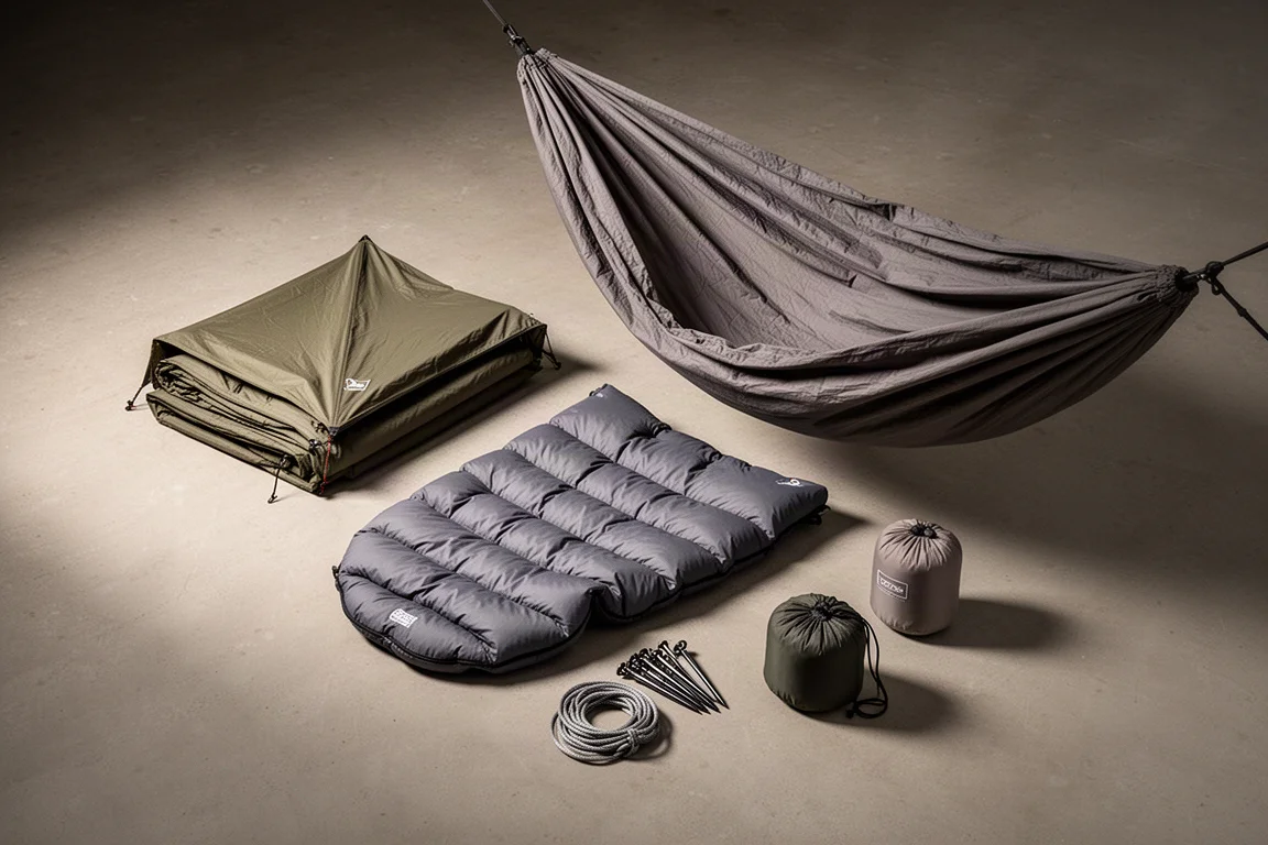 Tenda ultraleggera, amaca, underquilt, cordino e picchetti disposti su una superficie in cemento