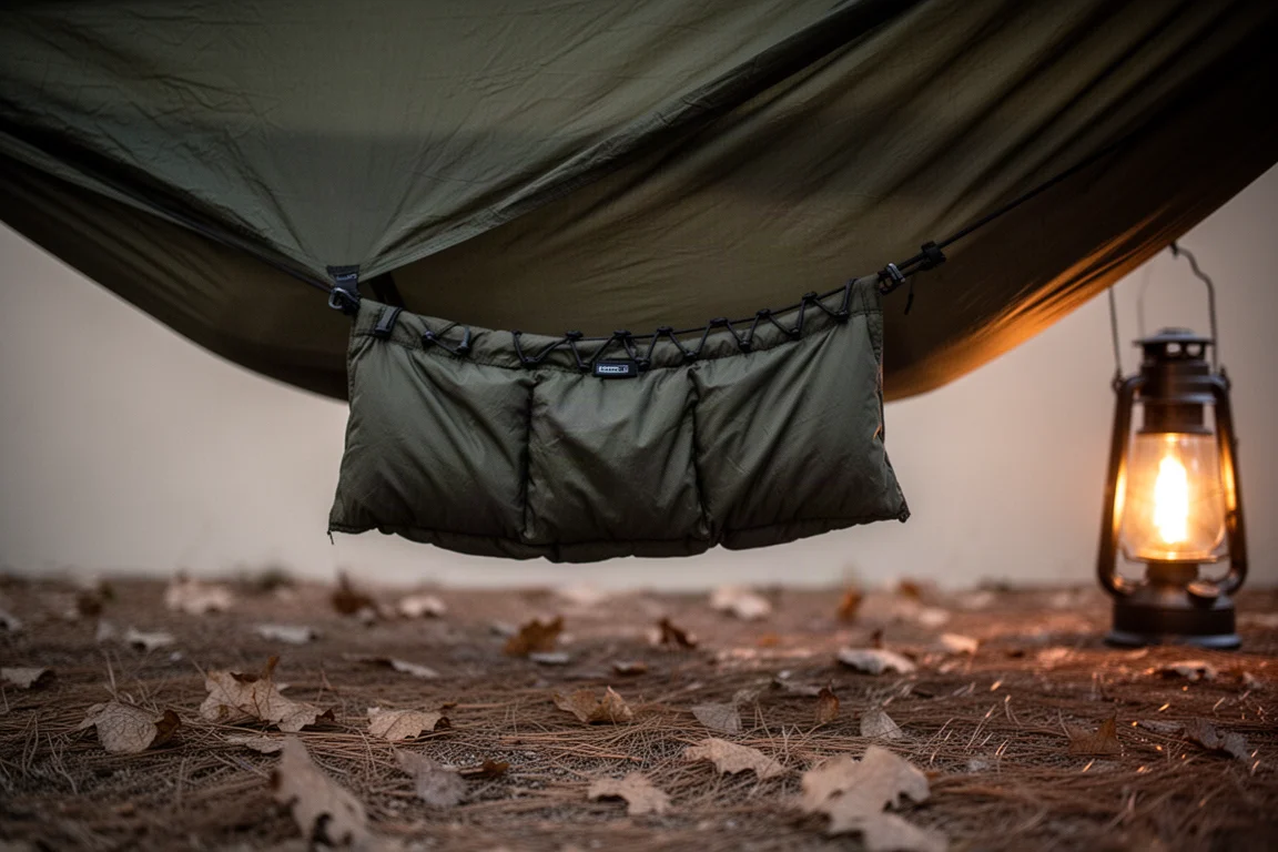 Kort kammad underquilt upphängd under en campinghammock i skymningen