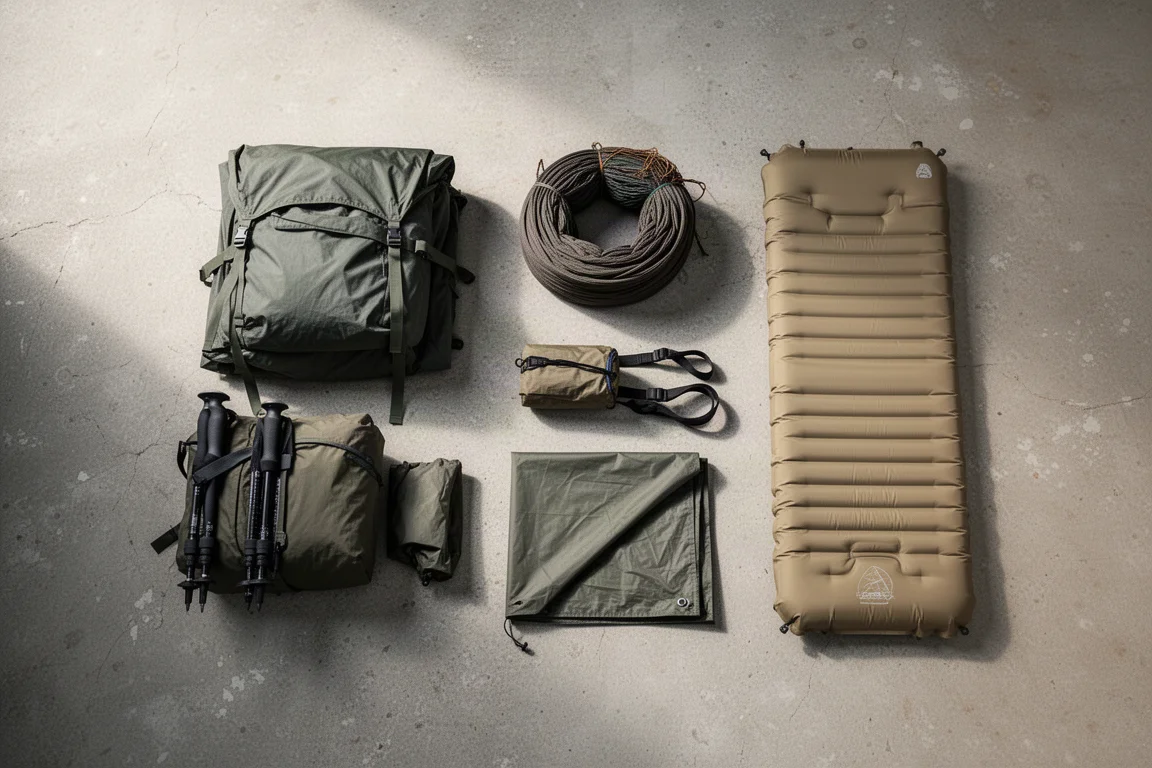Backpacking tent, hammock, tarp and sleeping pad arranged on grey concrete