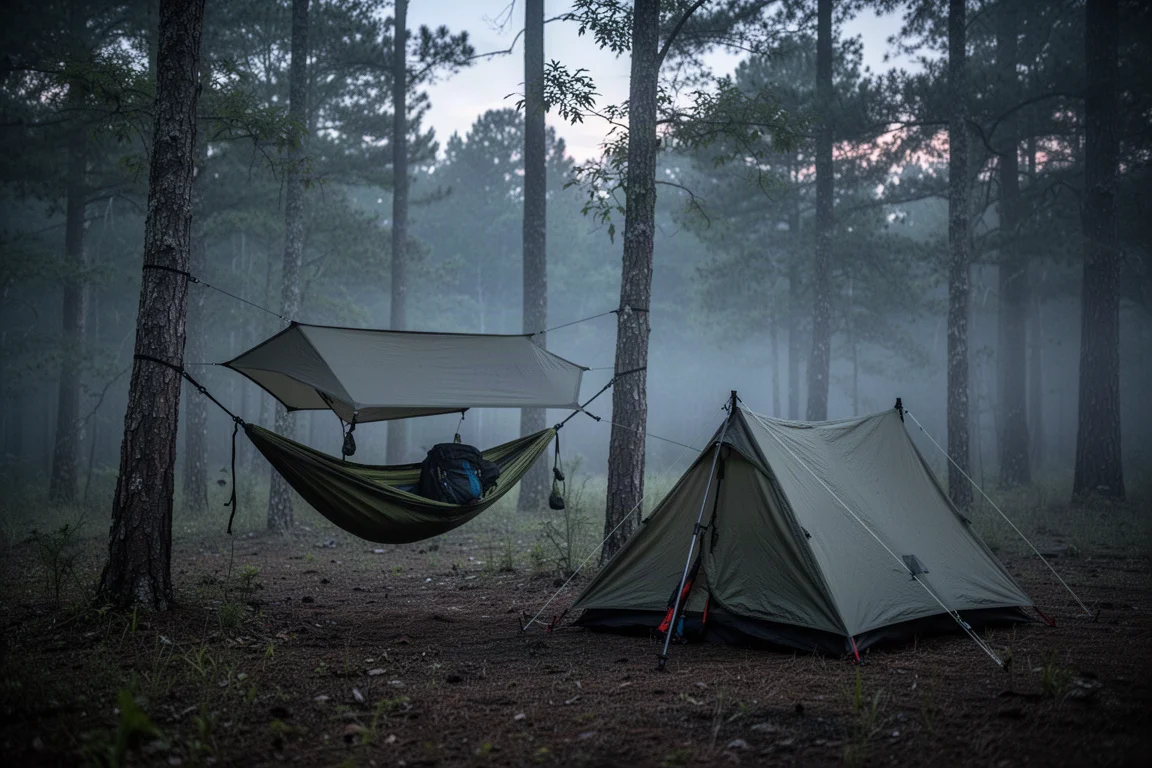 A hammock with tarp and a trekking-pole tent pitched side by side in a forest clearing at dusk