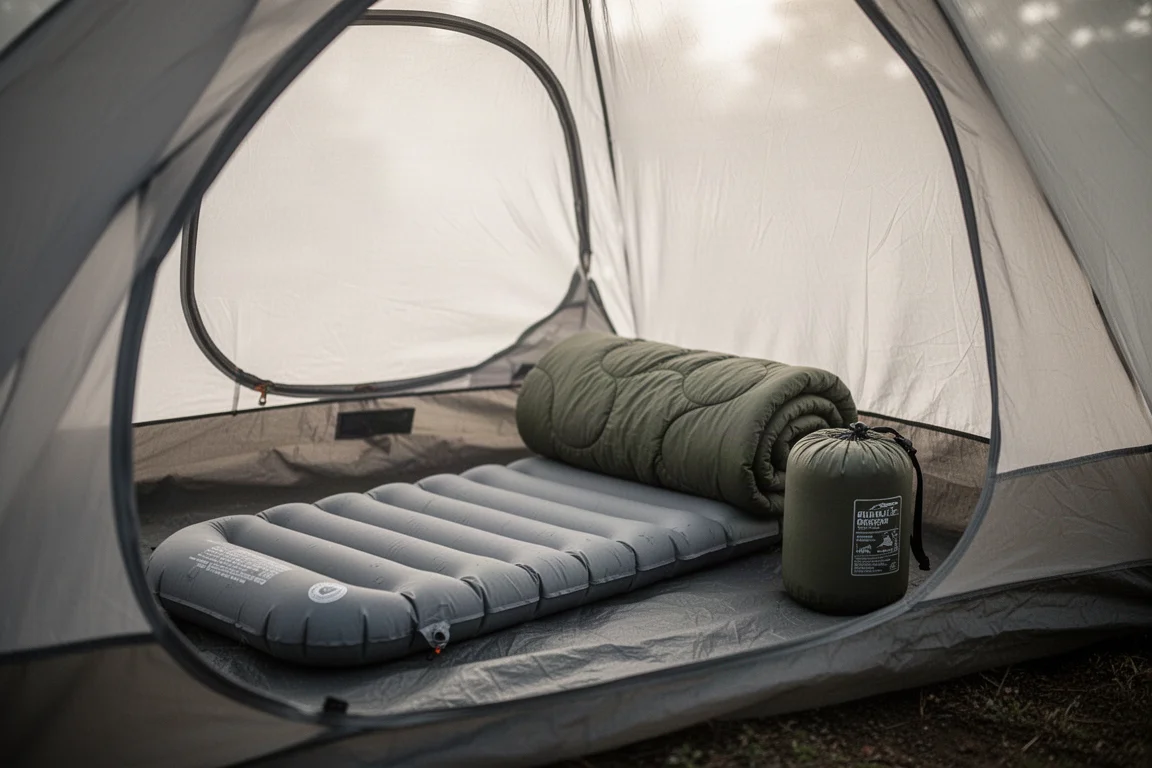 Short inflatable sleeping pad partially inflated inside a tent in early morning light