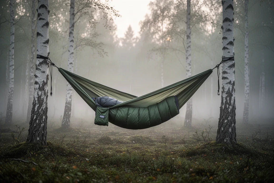 Ultralight hammock hanging between two birch trees at dawn with mist on the forest floor