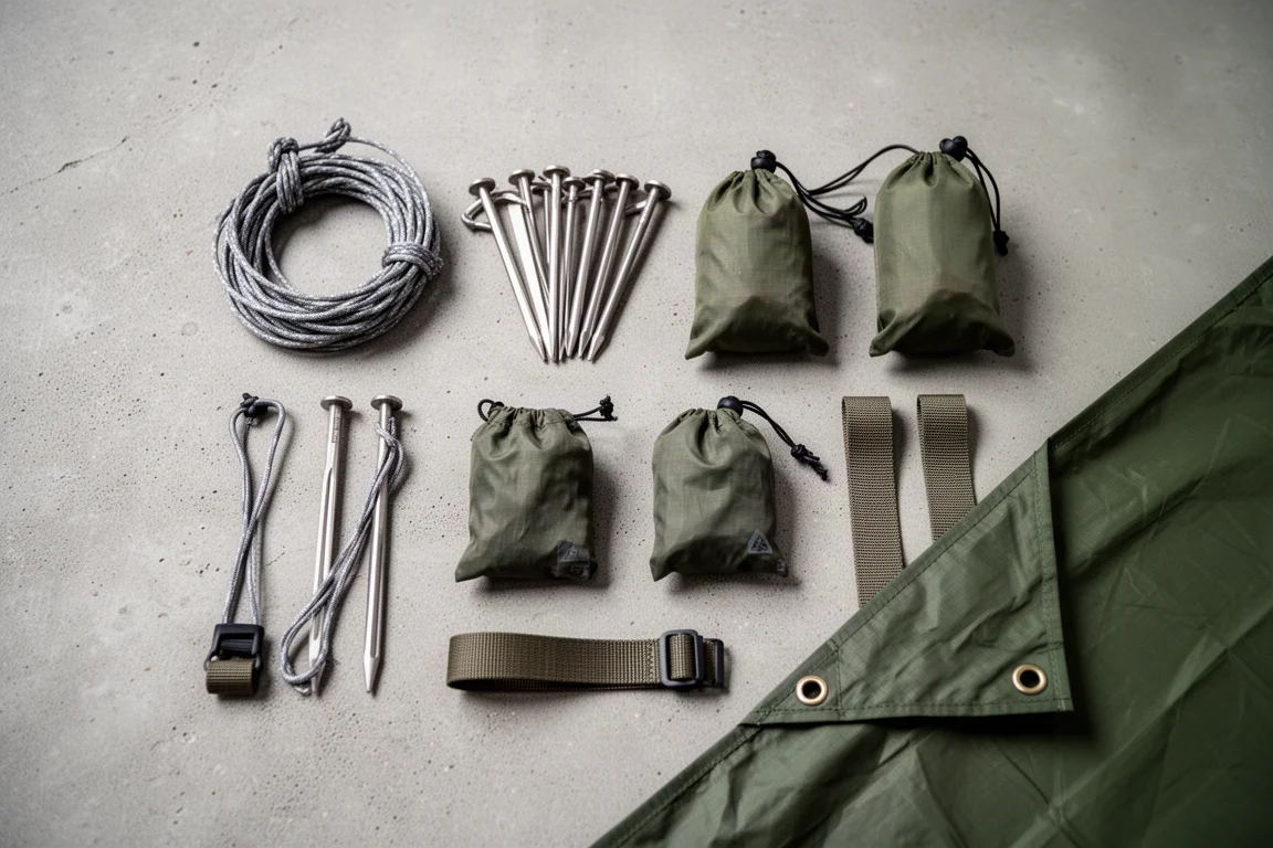 Overhead flat-lay of guy line, stakes, stuff sacks, and webbing tree straps on concrete