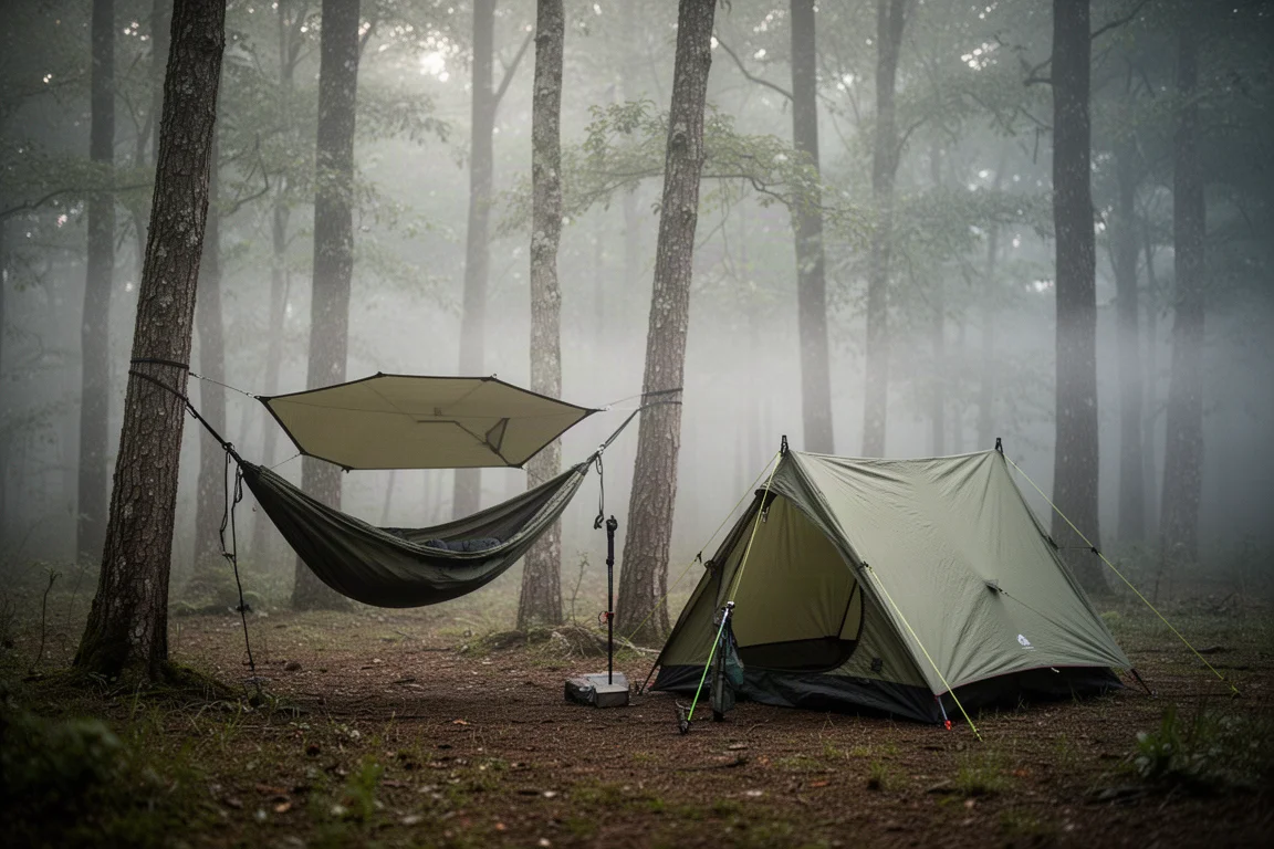 Amaca con telo e tenda con bastoncini da trekking montate fianco a fianco in una foresta nebbiosa all'alba