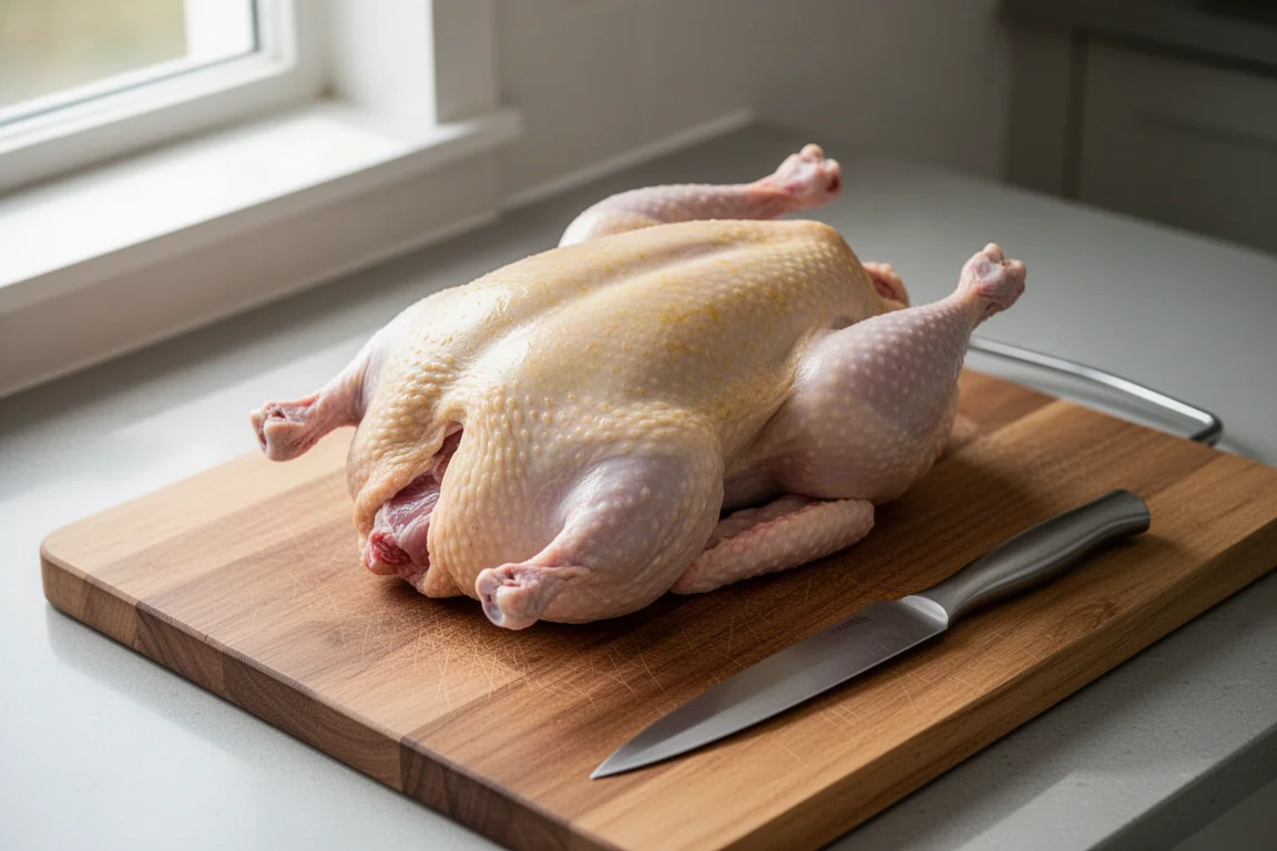 Eend op een snijplank, klaargemaakt voor de verwerking op een houten aanrecht