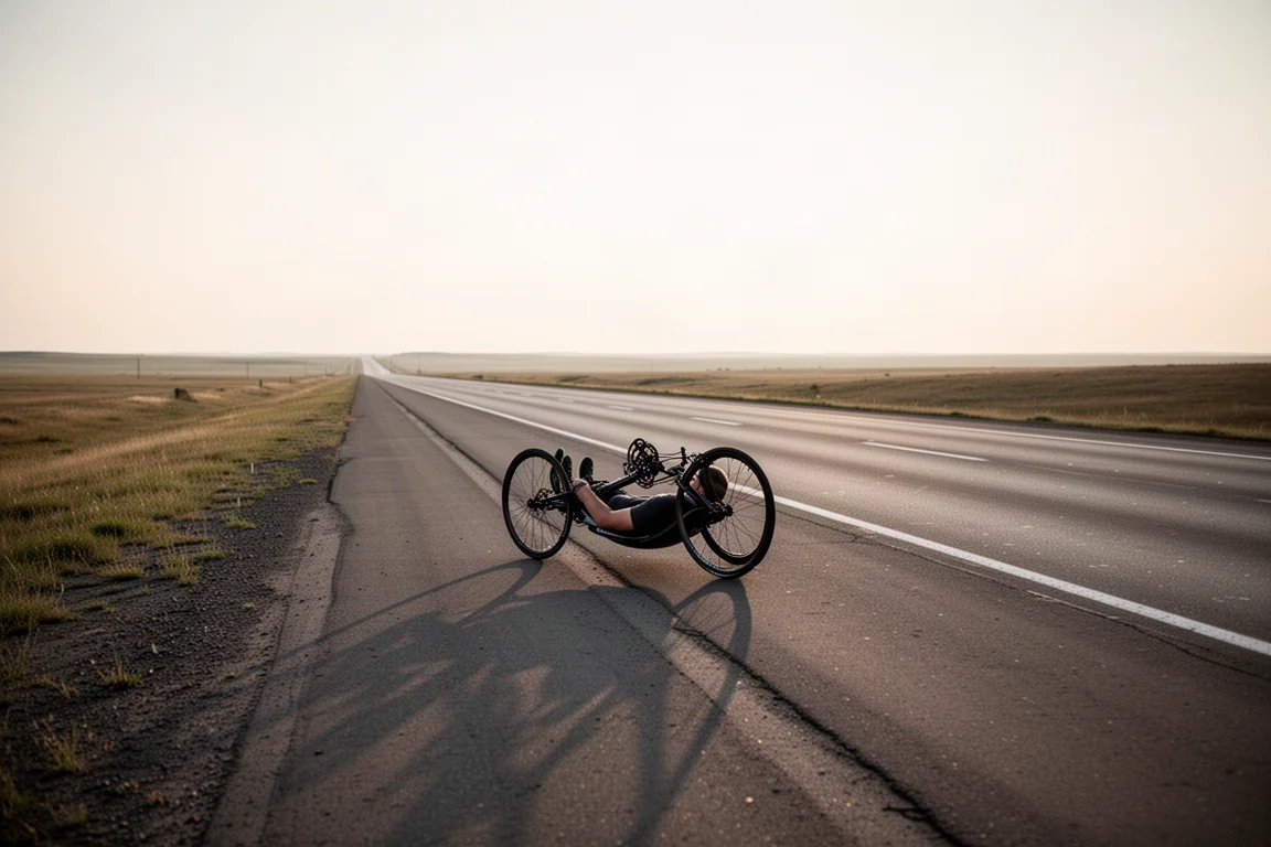 Handcycle rider low to the ground on an open highway shoulder at sunrise