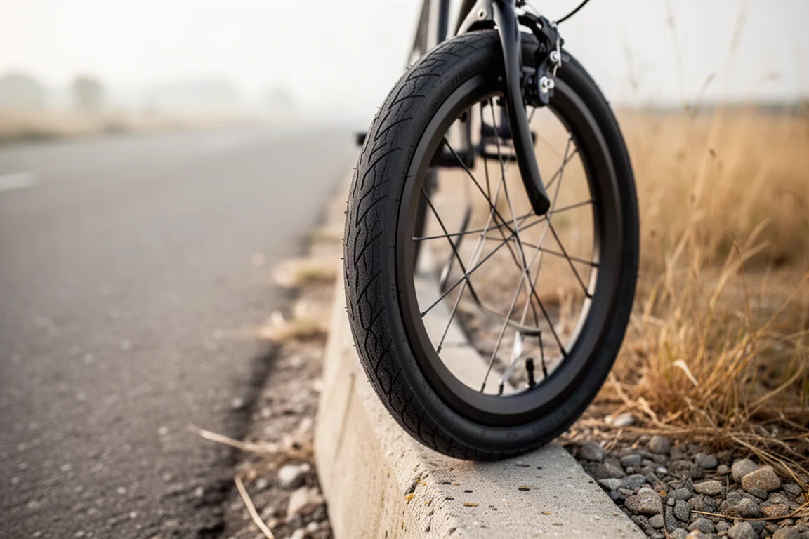 Bicycle tire mounted on a small diameter rim beside a rural roadside