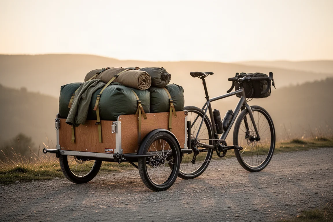 Loaded single wheel cargo trailer parked beside a touring bike on gravel