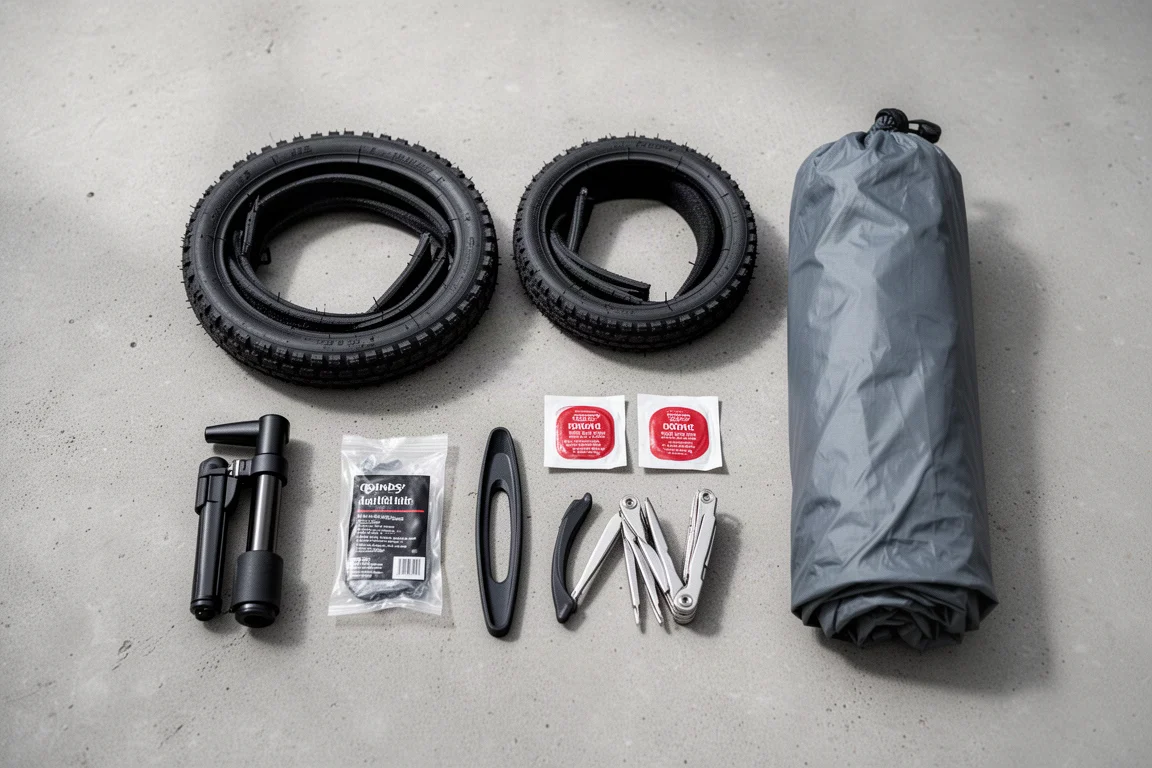 Flat lay of touring spares including folded tires, pump and patch kit on concrete
