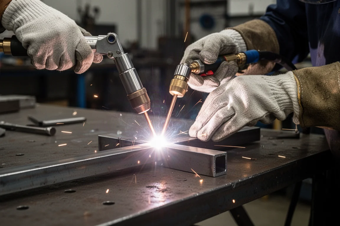 Handheld laser welding gun being used on a metal workbench in a workshop