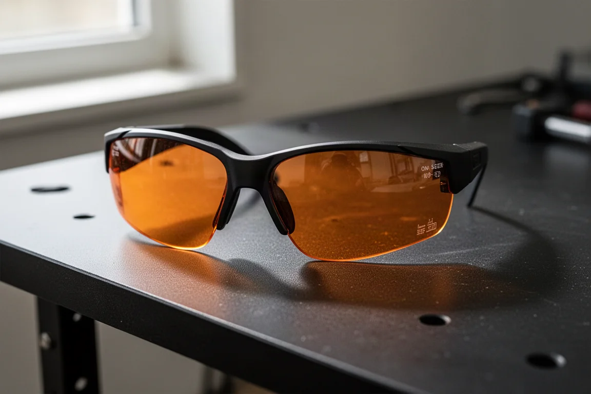 Close-up of laser safety glasses with wavelength and optical density markings on the lens
