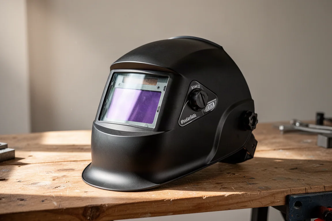 Welding helmet with auto-darkening lens and integrated laser protection resting on a workbench