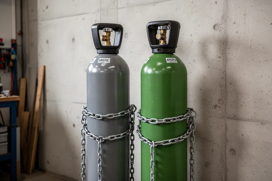 Argon gas cylinders secured upright with chains against a workshop wall