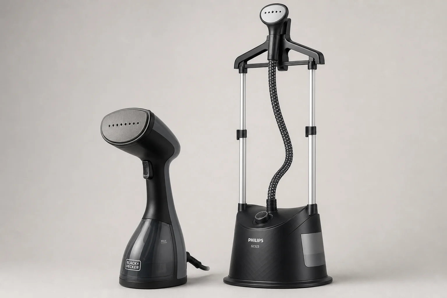 Black and Decker handheld steamer and Philips GC523 upright steamer side by side