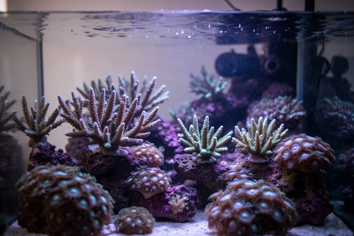 Corales bajo iluminación azul dentro de un acuario de arrecife maduro