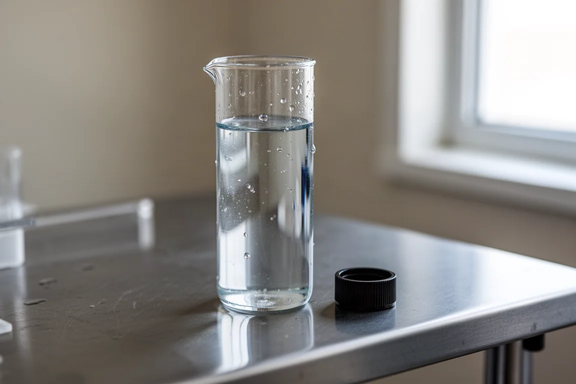 Cubeta de vidrio transparente llena de agua de acuario sobre una mesa de acero