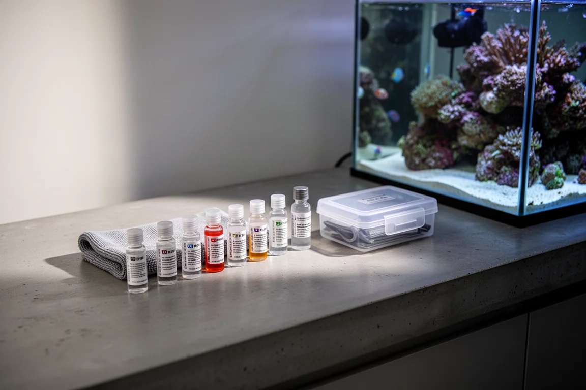 Estación de test de acuario de arrecife con viales de muestra sobre una encimera de hormigón