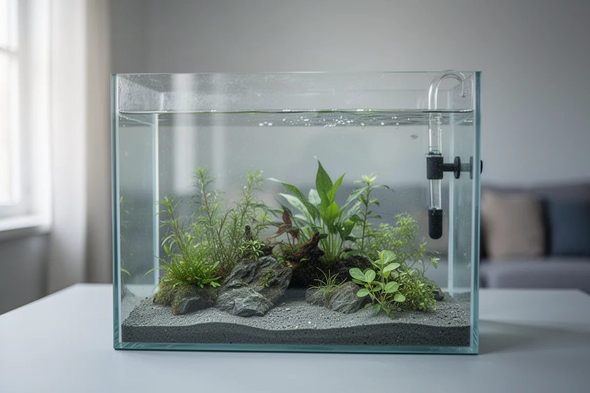 Acquario di quarantena piantumato con acqua limpida sotto una luce diffusa e soffusa