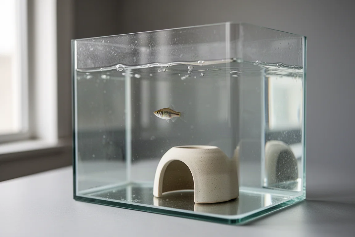 Vasca di quarantena a fondo nudo con un piccolo pesce e un semplice nascondiglio in ceramica