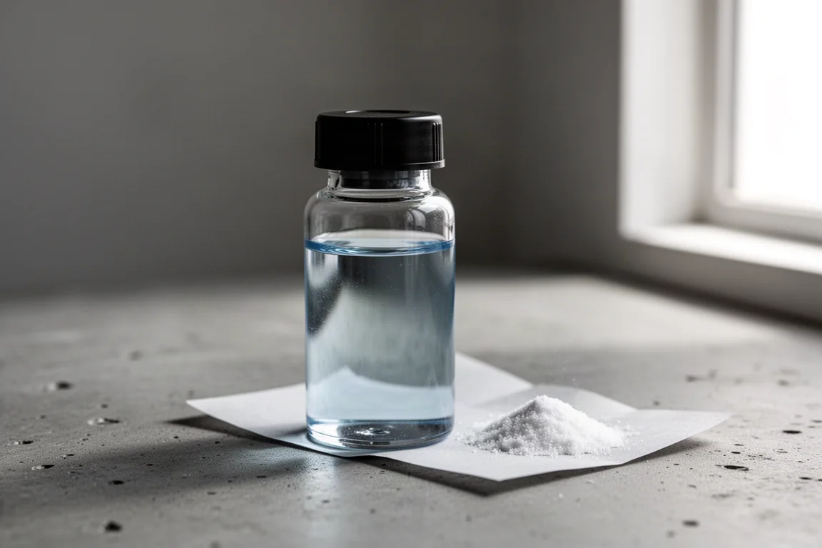 Fiala di vetro con acqua leggermente blu e polvere di reagente bianca su una superficie di cemento