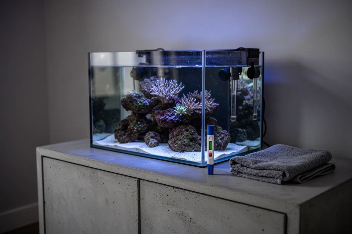 Reef aquarium at dusk with blue light and a handheld testing instrument on the cabinet