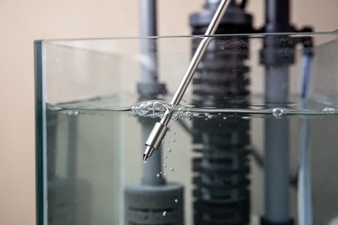 Metal electrode sensor submerged below the surface of clear aquarium water