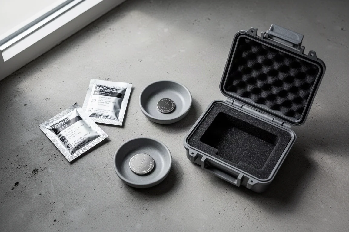 Flat-lay of calibration sachets, a battery and an open protective case on concrete