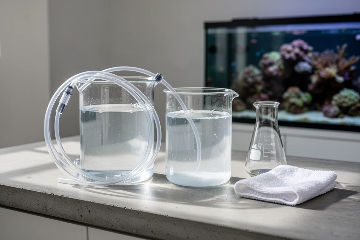 Water change setup with mixing containers, tubing and a beaker on a counter
